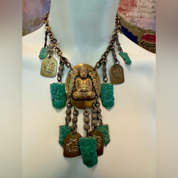 Estate Jewelry - Antique 1930s Art Deco revival asian brass Buddha multi~charm faux jade festoon
